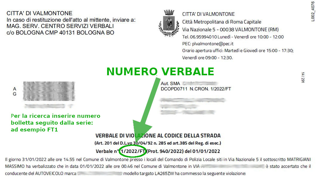 Immagine che descrive come recuperare il numero verbale