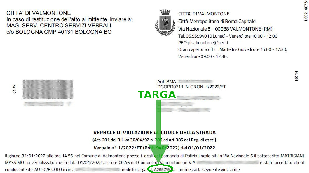 Immagine che descrive come recuperare la targa